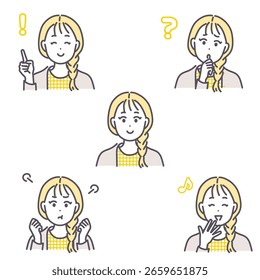 This is a set of facial expression illustrations of a young woman. vector.