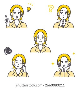 This is a set of facial expression illustrations of a young woman. vector.