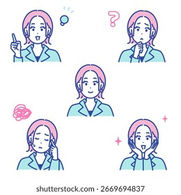 Este es un conjunto de ilustraciones de expresión facial de una mujer joven. Vector.