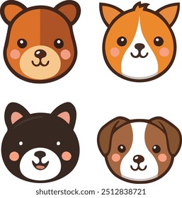 This set features 4 adorable vector animal face designs, including a deer, bear, fox, and dog. Each character is crafted in a cute, minimalist style, perfect for products, and graphic design projects