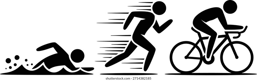 Este conjunto cuenta con siluetas negras para nadar con salpicaduras, un corredor con desenfoque de movimiento y un ciclista, ideal para la representación de triatlón.