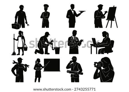 This set features black silhouettes representing diverse professional occupations and career paths. The collection includes various roles such as a doctor, chef, architect, and office worker in a clean minimalist style. It is perfect for use in business presentations, recruitment advertisements, or educational materials focusing on workforce diversity and job opportunities.