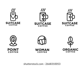 Este conjunto apresenta conceitos de design de logotipo limpos e minimalistas para uma cafeteria, usando arte em linha para criar marcas distintas e memoráveis.