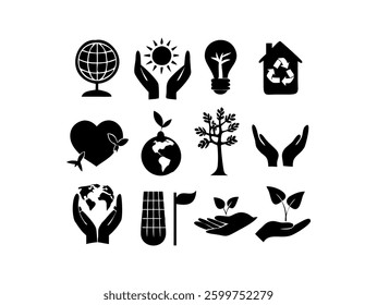 This set features a collection of black silhouette icons vector illustration representing various environmental themes. Set of Black and White Environmental Icons.
