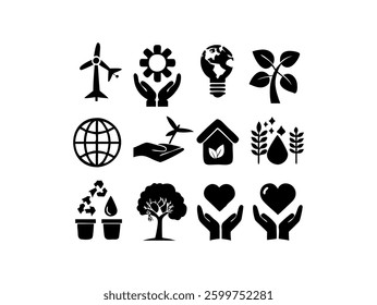 This set features a collection of black silhouette icons vector illustration representing various environmental themes. Set of Black and White Environmental Icons.