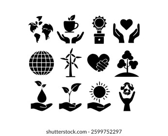 This set features a collection of black silhouette icons vector illustration representing various environmental themes. Set of Black and White Environmental Icons.