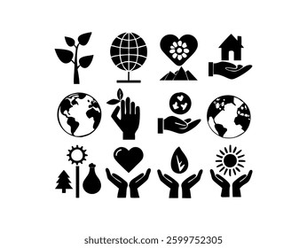 This set features a collection of black silhouette icons vector illustration representing various environmental themes. Set of Black and White Environmental Icons.