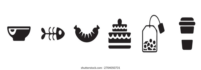 This set features a collection of black and white icons representing various food and drink items.