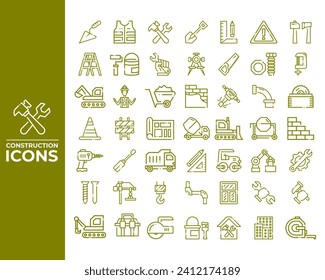 Este conjunto incluye iconos detallados que representan diferentes herramientas de construcción.