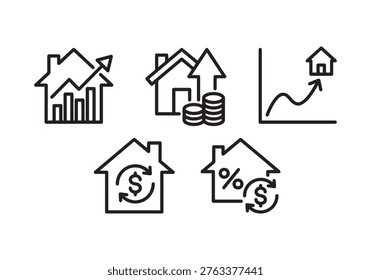 This set features five distinct icons: a house with a bar graph and upward arrow indicating growth, a house with stacked coins and an upward arrow symbolizing investment, a house on a line graph