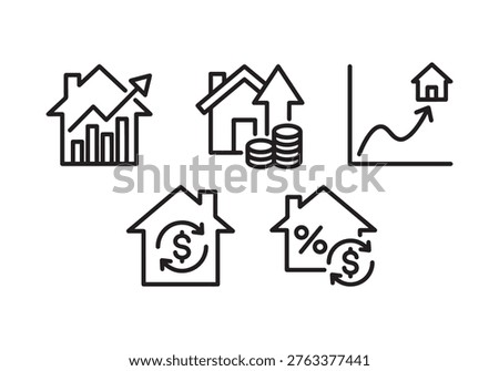 This set features five distinct icons: a house with a bar graph and upward arrow indicating growth, a house with stacked coins and an upward arrow symbolizing investment, a house on a line graph