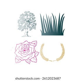 This set features four beautiful, hand-drawn illustrations: a tree, grass, a rose, and a wreath.