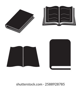 This set features four black silhouette icons of books.