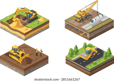 This set features four detailed isometric illustrations showing an excavator digging, a crane lifting pipes, a bulldozer grading soil, and a road roller paving. These vectors are ideal for construction industry websites, architectural presentations, and city infrastructure planning infographics.
