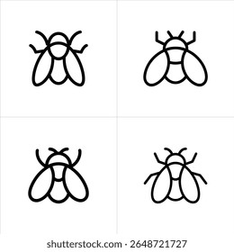 This set features four unique fly icon variations rendered as bold black line drawings on a clean white background. These symbols are minimalist and readily adaptable.