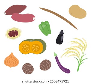 This set features hand-drawn illustrations of autumn foods, perfect for seasonal designs and culinary projects.
