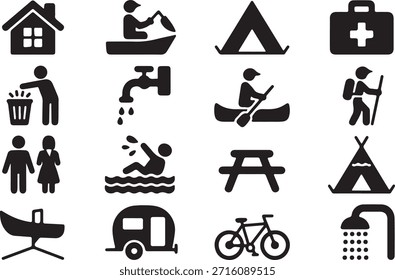 Este conjunto cuenta con iconos que representan actividades al aire libre como acampar, caminar, pasear en bote y nadar. Los iconos incluyen casa, canoa, tienda, botiquín de primeros auxilios, camada, grifo, caravana, pareja, natación, mesa de picnic, remolque y bicicleta. Estos símbolos son ideales para ilustrar Ocio al aire libre y temas de aventuras. Ideal para guías de camping, folletos de naturaleza o material promocional.