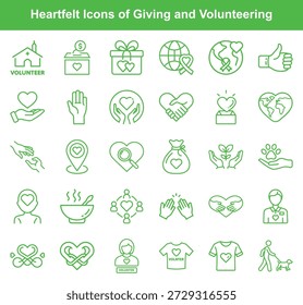 This set features line icons symbolizing charity, volunteering, and heartfelt generosity, ideal for projects focused on compassion, community service, and charitable causes.