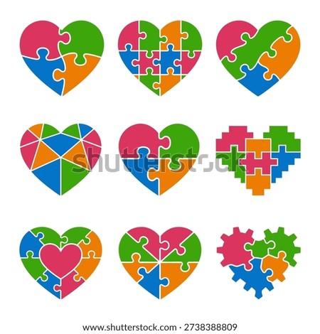 This set features nine colorful heart icons in various puzzle and geometric styles. The vibrant pink green blue and orange pieces represent neurodiversity mental health awareness and community support. These graphics are perfect for healthcare infographics charity logos and educational presentations focused on inclusion.