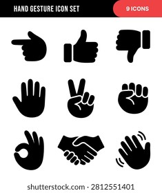 This set features nine distinct solid black hand gesture icons, each symbolizing different forms of communication, approval, disapproval, or actions.