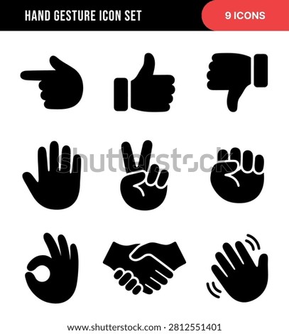 This set features nine distinct solid black hand gesture icons, each symbolizing different forms of communication, approval, disapproval, or actions.