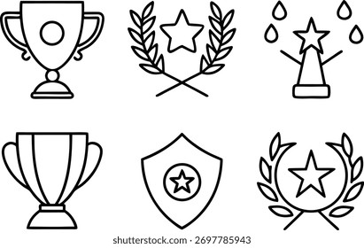 Este conjunto apresenta ícones de estrutura de tópicos representando prêmios, troféus e conquistas. Ideal para transmitir conceitos de sucesso, vitória e reconhecimento em projetos. Fácil de usar gráficos vetoriais.