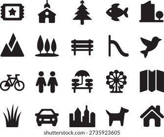 This set features simple solid black icons including park benches, trees, mountains, a bicycle, car, Ferris wheel, and various structures.