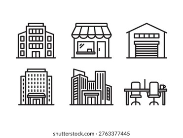 This set features six distinct line art icons showcasing various building types: a multi-story office building, a storefront with an awning, a warehouse with a rolling door, a modern apartment complex, a cluster of