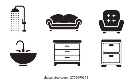 Este conjunto cuenta con seis iconos simples, en blanco y negro que representan elementos de decoración para el hogar.