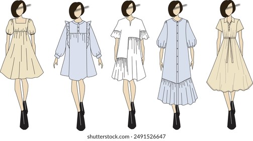 This set features three distinct fashion illustrations of women’s clothing, showcasing different models and styles. Each illustration highlights unique design elements, silhouettes, and details. Ideal