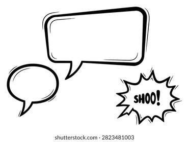 This set features three distinct hand-drawn comic-style speech bubbles: a large rectangular one, a smaller oval one, and an energetic SHOO! sound effect bubble. They are perfect for conveying dialogue