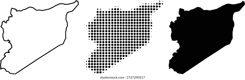 Este conjunto presenta tres versiones del mapa de Siria en estilos de silueta semitono y negro sólido para un uso de diseño versátil.