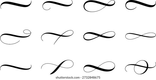 This set features twelve distinct black calligraphic swashes and decorative flourishes, perfect for elegant text accents and design.