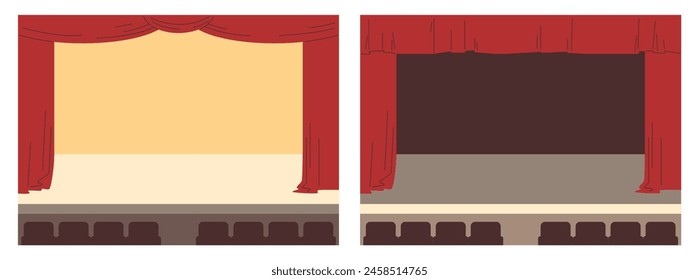 Este conjunto cuenta con dos Ilustraciones vectoriales de escenarios teatrales, uno con una cortina roja cerrada y el otro abierto, revelando una actuación de piano y un escenario dramático.