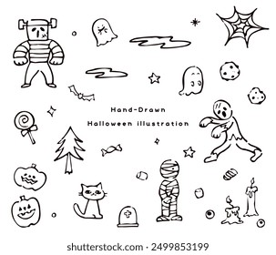 This set features unique, hand-drawn Halloween illustrations perfect for various spooky projects.