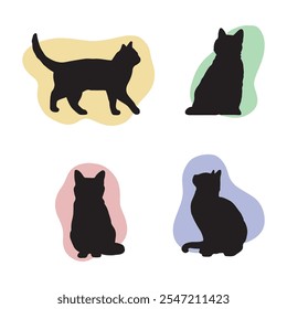 Este conjunto apresenta uma variedade de silhuetas de gato preto em diferentes poses e fundos coloridos, criando um design simples, mas elegante.