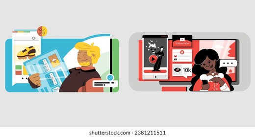 This set features a variety of detailed and customizable illustrations showcasing e-commerce stores