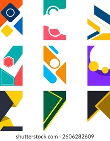 This set features a variety of flyer templates with bold geometric shapes, bright color contrasts, and abstract compositions arranged in a clean vertical layout