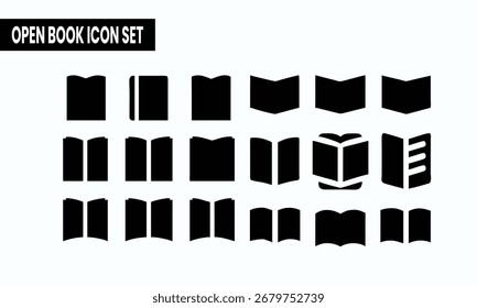 Este conjunto presenta una variedad de íconos de libros abiertos en silueta, ofreciendo diversas perspectivas y estilos adecuados para contenido digital relacionado con la educación, la Biblioteca o la información general.