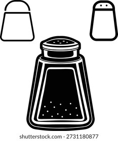 Este conjunto cuenta con una variedad de cocteleras de sal y pimienta, que incluyen una coctelera simple delineada, otra coctelera delineada con contenido visible y una coctelera negra sólida completamente renderizada con contenido texturizado, perfecta para temas culinarios.