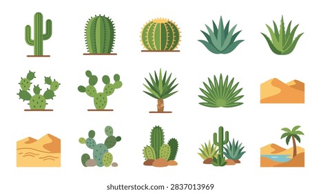 This set features a variety of stylized desert flora including different types of cacti, succulents and palm trees. The composition is arranged in a grid format, showcasing diverse shapes and textures of arid environment vegetation. Warm earthy tones of green, brown and golden yellow create a vibrant and clean aesthetic suitable for graphic design projects