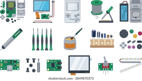 This set features various electronic repair tools and portable console parts. Detailed items show screwdrivers, soldering stations, circuit boards, batteries, and colorful controller buttons arranged neatly. These flat graphical elements provide professional maintenance gear for technical enthusiasts. Vibrant colors and precise lines create a modern aesthetic suitable for hobbyist projects.