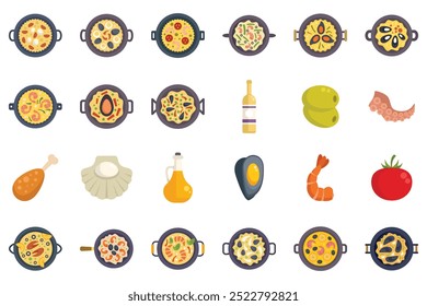 Este conjunto apresenta vários tipos de paella, um prato espanhol amado, juntamente com ingredientes essenciais, capturado em uma vista superior, estilo vetor plano