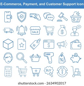 This set features various vector line icons representing e commerce, online payments, customer support, and shopping, rendered in blue against a clean white background.