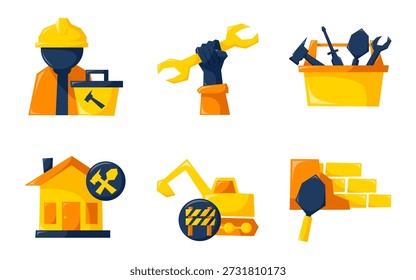 Este conjunto cuenta con un personaje trabajador que lleva un casco de seguridad, una mano que sostiene una llave inglesa, una caja de herramientas, un icono de la casa con un símbolo de reparación y una excavadora de construcción. Ideal para temas de construcción.