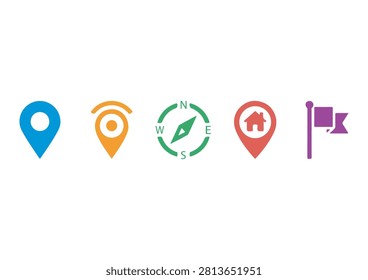 This set of five colorful icons features a versatile mix of location markers and navigation symbols, including icons for map points, a compass, home, and a flag, all rendered in a clean, minimalist, and flat-design style. Perfect for travel applications, map interface design, local business websites, and digital marketing materials, these vector icons offer a modern and visually appealing way to represent geographic points, points of interest, and navigational guidance in any creative project.

#LocationIcons #MapMarkers #NavigationDesign #TravelIcon #GPS #VectorGraphic #MinimalistIcons #DigitalMapping #CompassIcon #NavigationSymbols