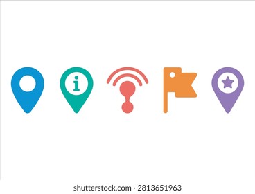 This set of five colorful icons features a versatile mix of location markers and navigation symbols, including icons for information points, Wi-Fi access, a flag, and a favorite spot, all rendered in a clean, minimalist, and flat-design style. Perfect for travel applications, map interface design, local business websites, and digital marketing materials, these vector icons offer a modern and visually appealing way to represent geographic points, points of interest, and connectivity in any creative project.

#LocationIcons #MapMarkers #NavigationDesign #TravelIcon #GPS #VectorGraphic #MinimalistIcons #DigitalMapping #WifiIcon #NavigationSymbols