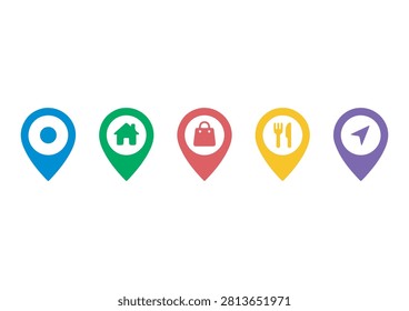 This set of five colorful icons features a versatile mix of location markers and navigation symbols, including icons for home, shopping, dining, and general wayfinding, all rendered in a clean, minimalist, and flat-design style. Perfect for travel applications, map interface design, local business websites, food delivery services, and digital marketing materials, these vector icons offer a modern and visually appealing way to represent geographic points, points of interest, and navigational guidance in any creative project.

#LocationIcons #MapMarkers #NavigationDesign #TravelIcon #GPS #VectorGraphic #MinimalistIcons #DigitalMapping #PointOfInterest #NavigationSymbols