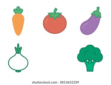 This set of five colorful icons features a variety of fresh vegetables, including a carrot, tomato, eggplant, onion, and broccoli, all rendered in a clean, minimalist, and flat-design style. These versatile vector illustrations are perfect for food and culinary projects, healthy eating applications, nutrition-themed websites, grocery or market branding, and digital design assets that require a modern, user-friendly, and appetizing way to represent fresh produce.

#VegetableIcons #FreshProduce #HealthyEating #CulinaryDesign #FoodIllustration #MinimalistIcons #VectorFood #NutritionGraphic #MarketIcon #CookingIngredients