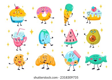 This is a set of flat, cartoon-style stickers and labels featuring colorful and delicious-looking candy and food illustrations, designed with a playful and fun aesthetic. Vector illustration.